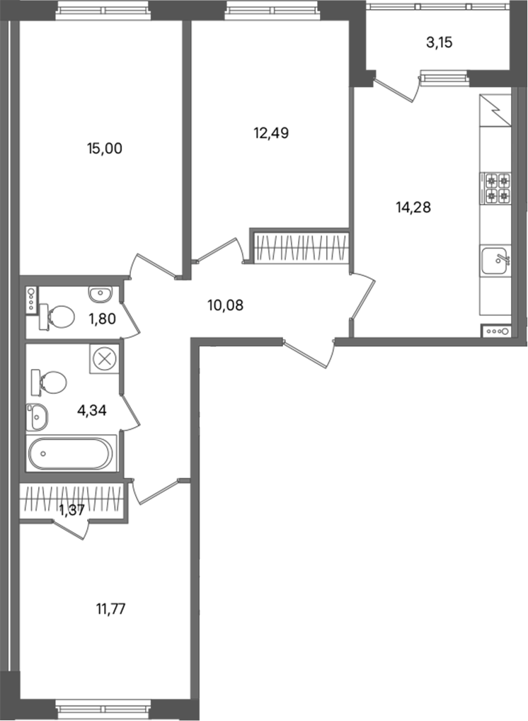 3-комнатная квартира 71.13 м², 1/5 эт., ЖК «ПАТИО. Уютный квартал»